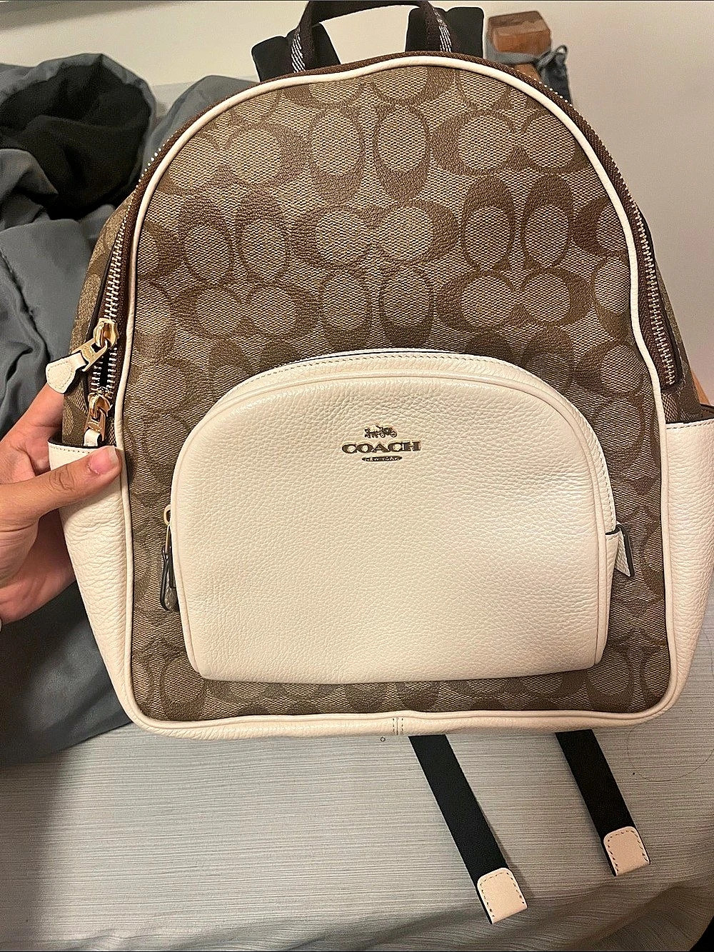 Coach Court Backpack In Blocked Signature Canvas Brown & White